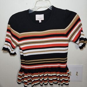 Cinq a Sept Multicolor Striped Ribbed Short Sleeve Peplum Sz M